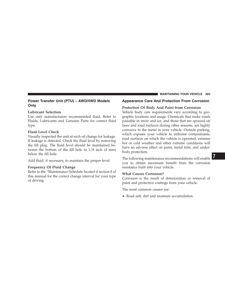 Power transfer unit (ptu), Awd/4wd models only, Appearance care and protection | From corrosion | Dodge 2007 Caliber User Manual | Page 303 / 360