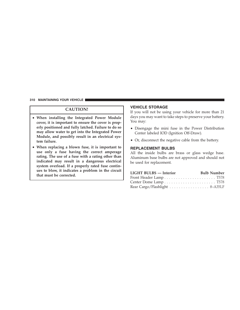 Vehicle storage, Replacement bulbs | Dodge 2007 Caliber User Manual | Page 310 / 360