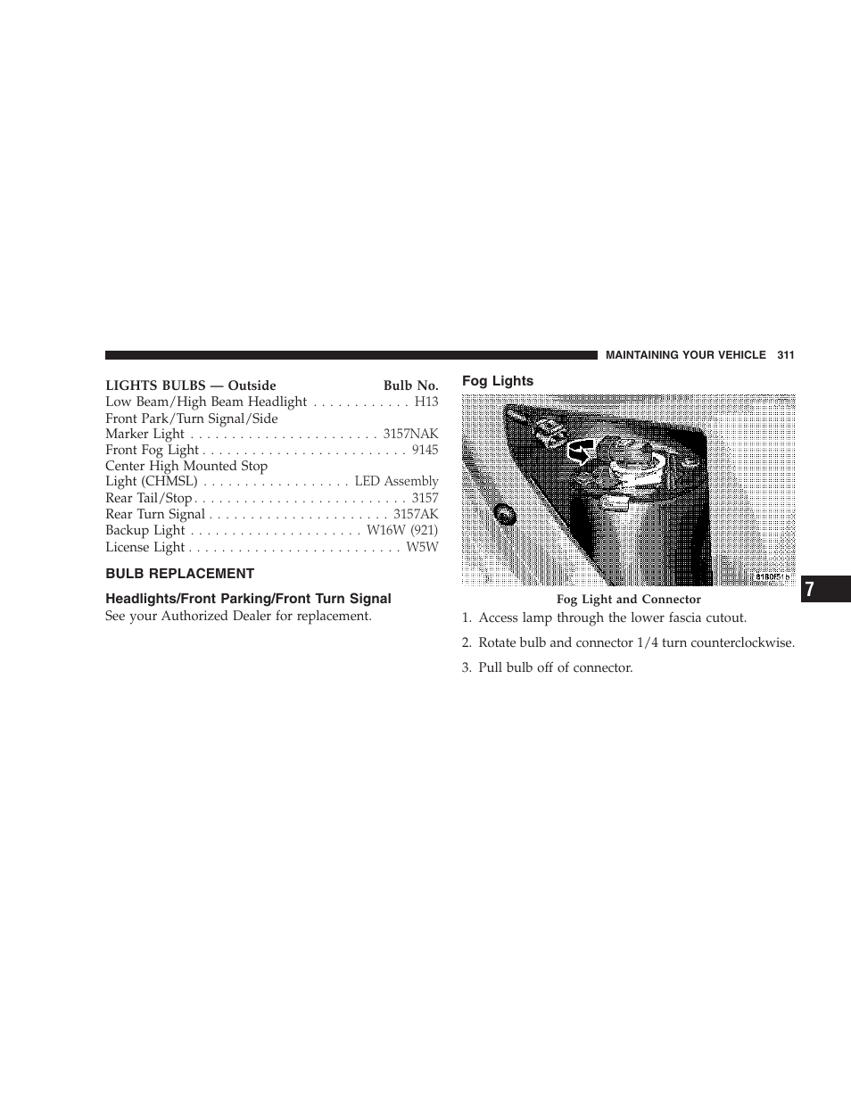 Bulb replacement, Headlights/front parking, Front turn signal | Fog lights | Dodge 2007 Caliber User Manual | Page 311 / 360