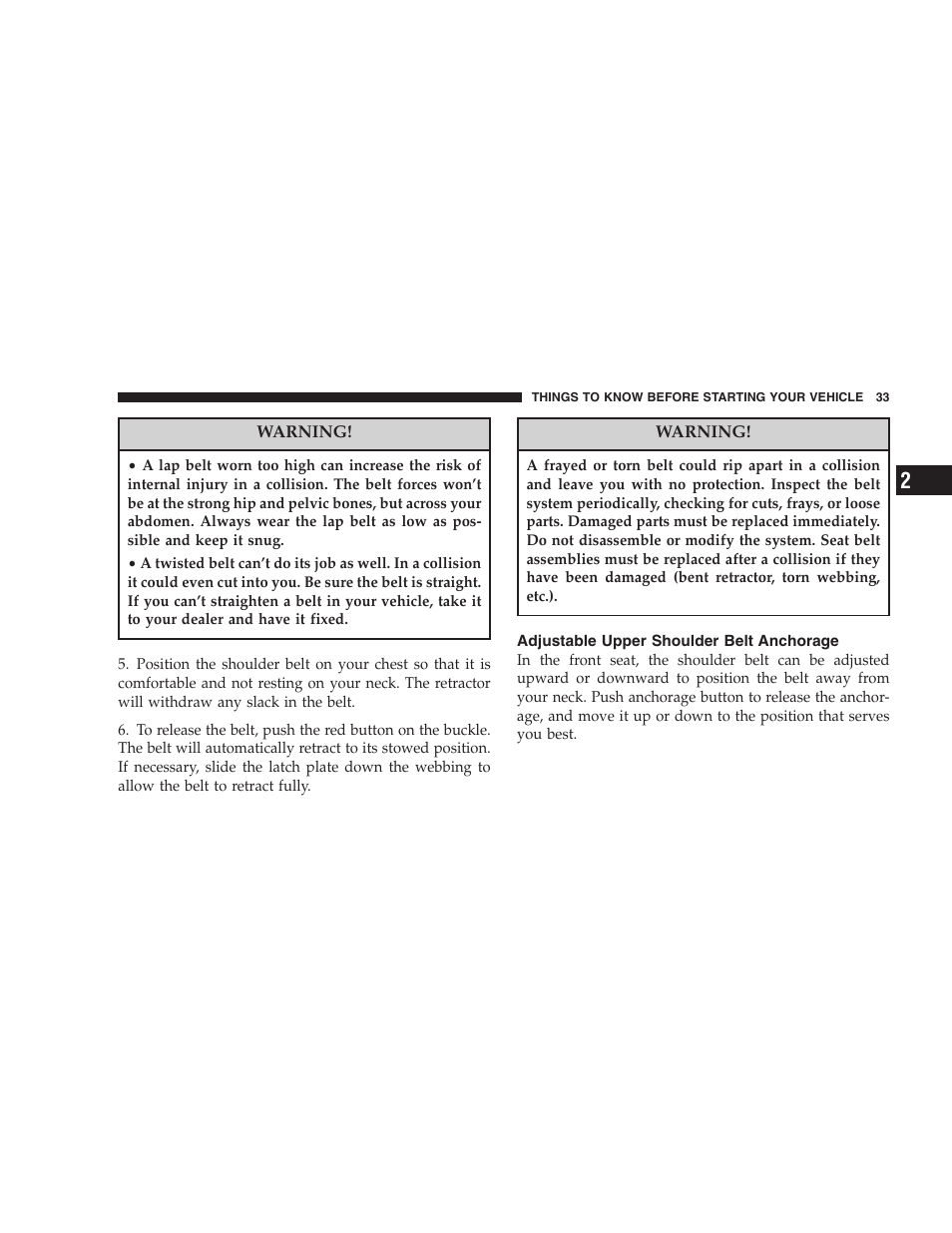 Adjustable upper shoulder belt anchorage | Dodge 2007 Caliber User Manual | Page 33 / 360