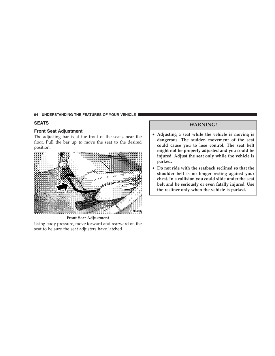 Seats, Front seat adjustment | Dodge 2007 Caliber User Manual | Page 94 / 360