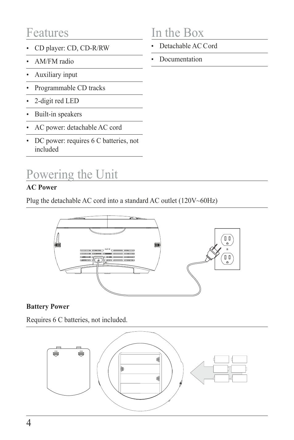 Features, Powering the unit | Curtis SRCD202DG User Manual | Page 4 / 8