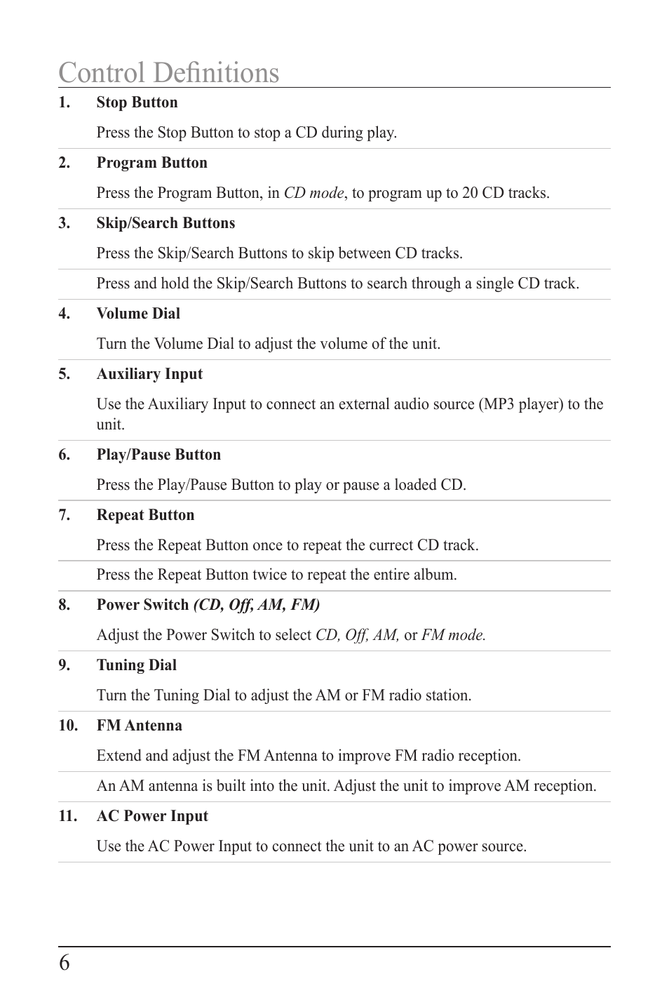 Control deﬁnitions | Curtis SRCD202DG User Manual | Page 6 / 8