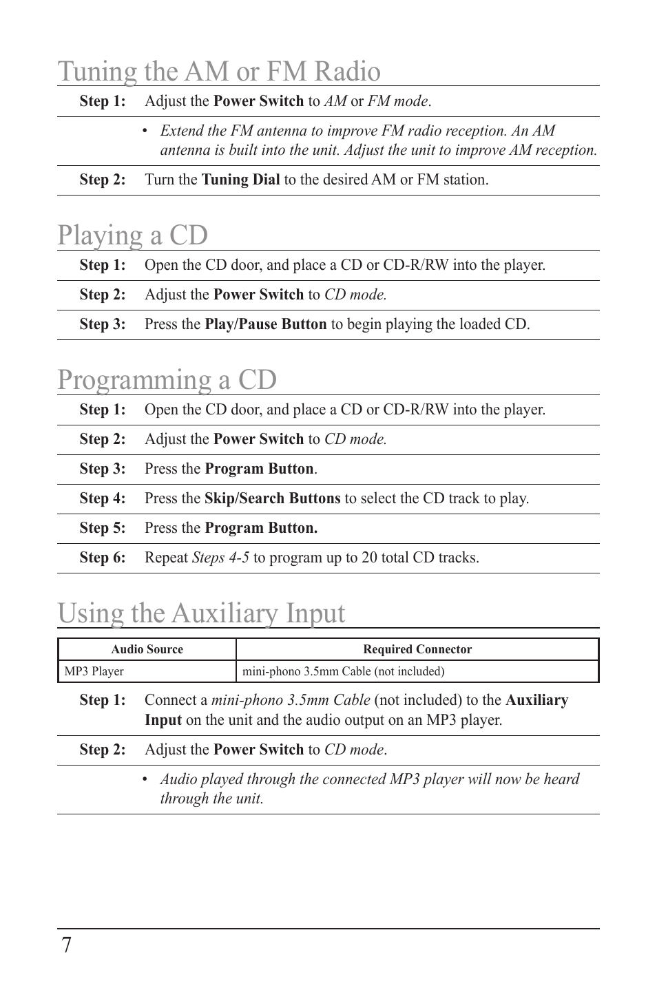 Tuning the am or fm radio, Playing a cd, Programming a cd | Using the auxiliary input | Curtis SRCD202DG User Manual | Page 7 / 8