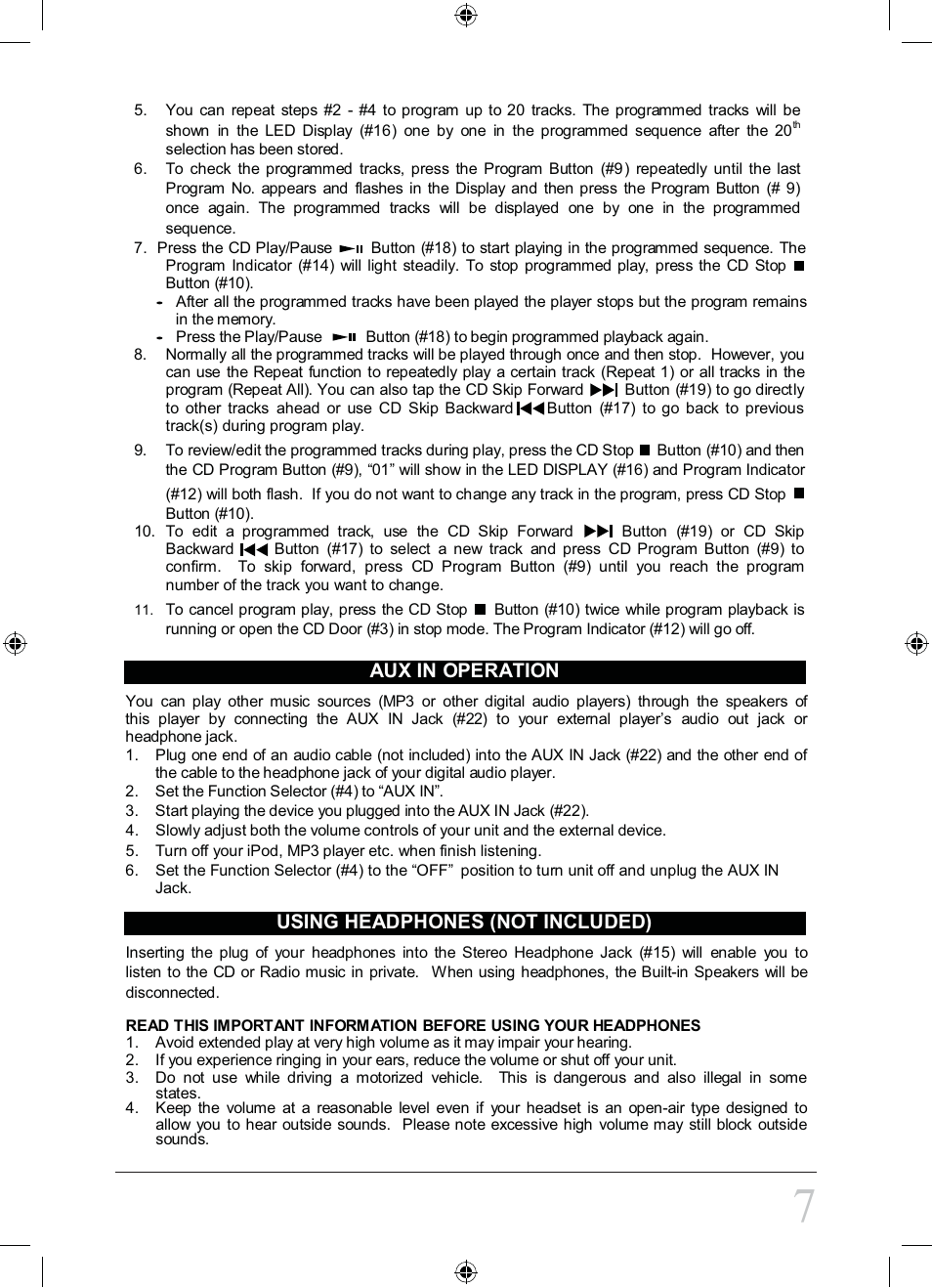 Aux in operation, Using headphones (not included) | Curtis SRCD681 User Manual | Page 7 / 9