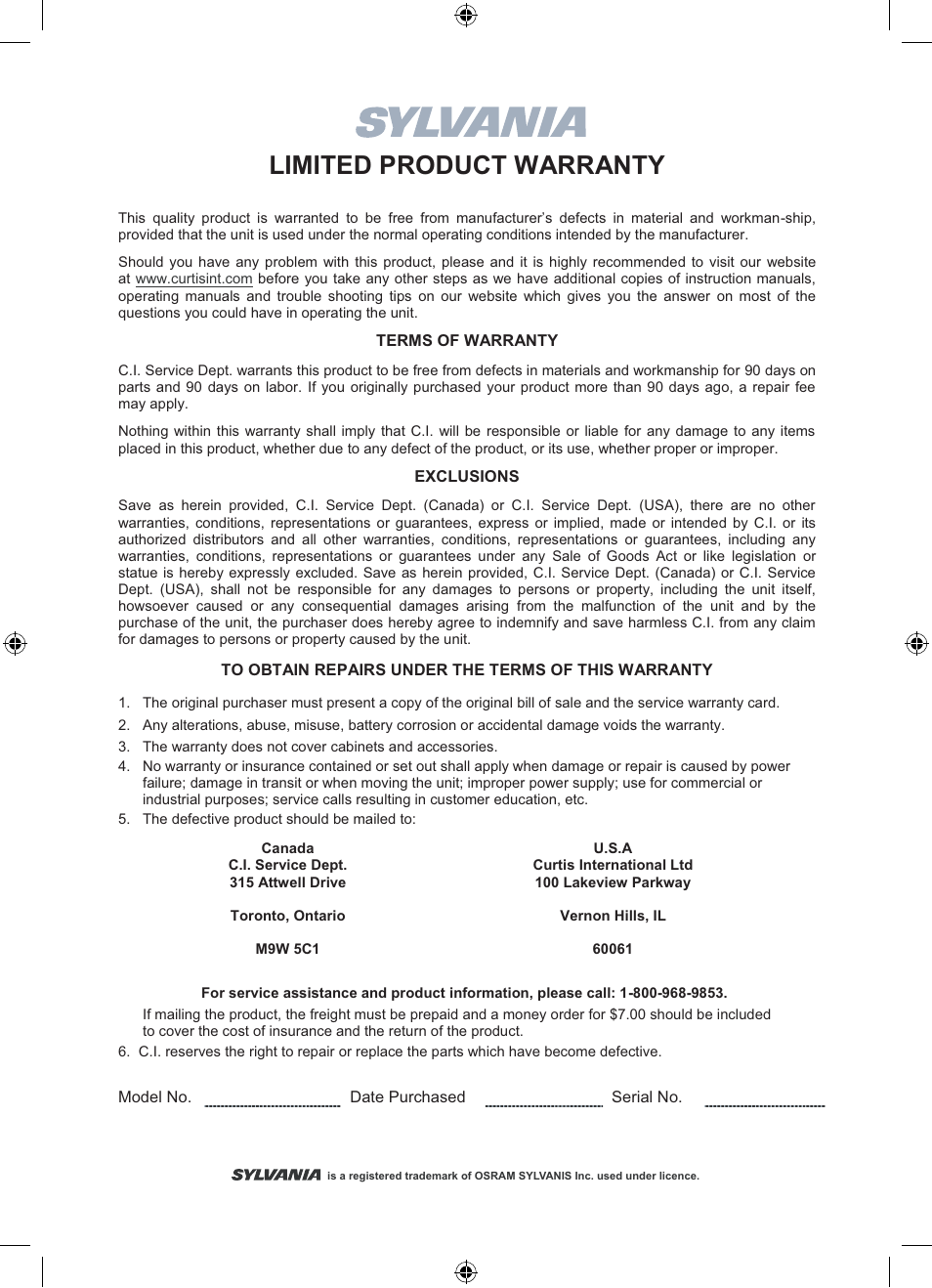 Limited product warranty | Curtis SRCD681 User Manual | Page 9 / 9