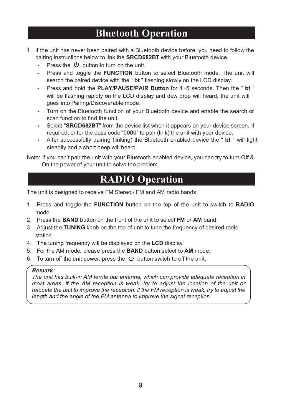 Bluetooth operation radio operation | Curtis SRCD682BT User Manual | Page 10 / 12