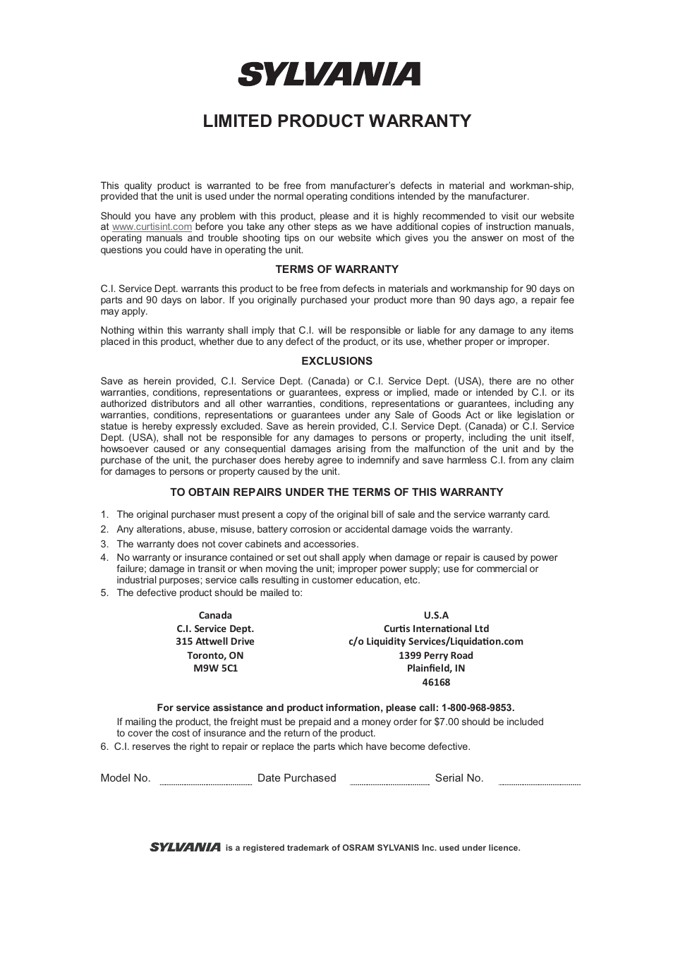Limited product warranty | Curtis SRCD682BT User Manual | Page 12 / 12