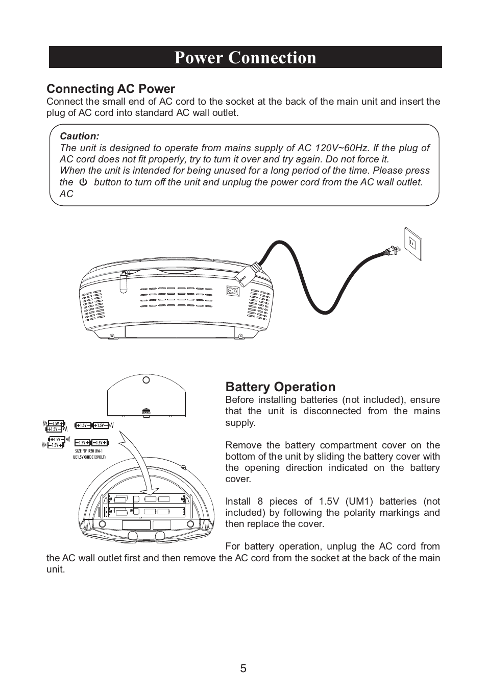 Power connection, Battery operation | Curtis SRCD682BT User Manual | Page 6 / 12