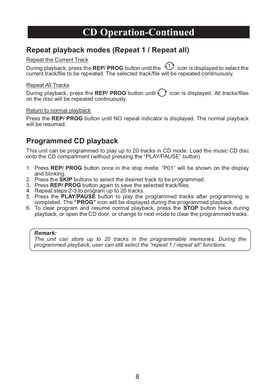 Cd operation-continued, Repeat playback modes (repeat 1 / repeat all), Programmed cd playback | Curtis SRCD682BT User Manual | Page 9 / 12