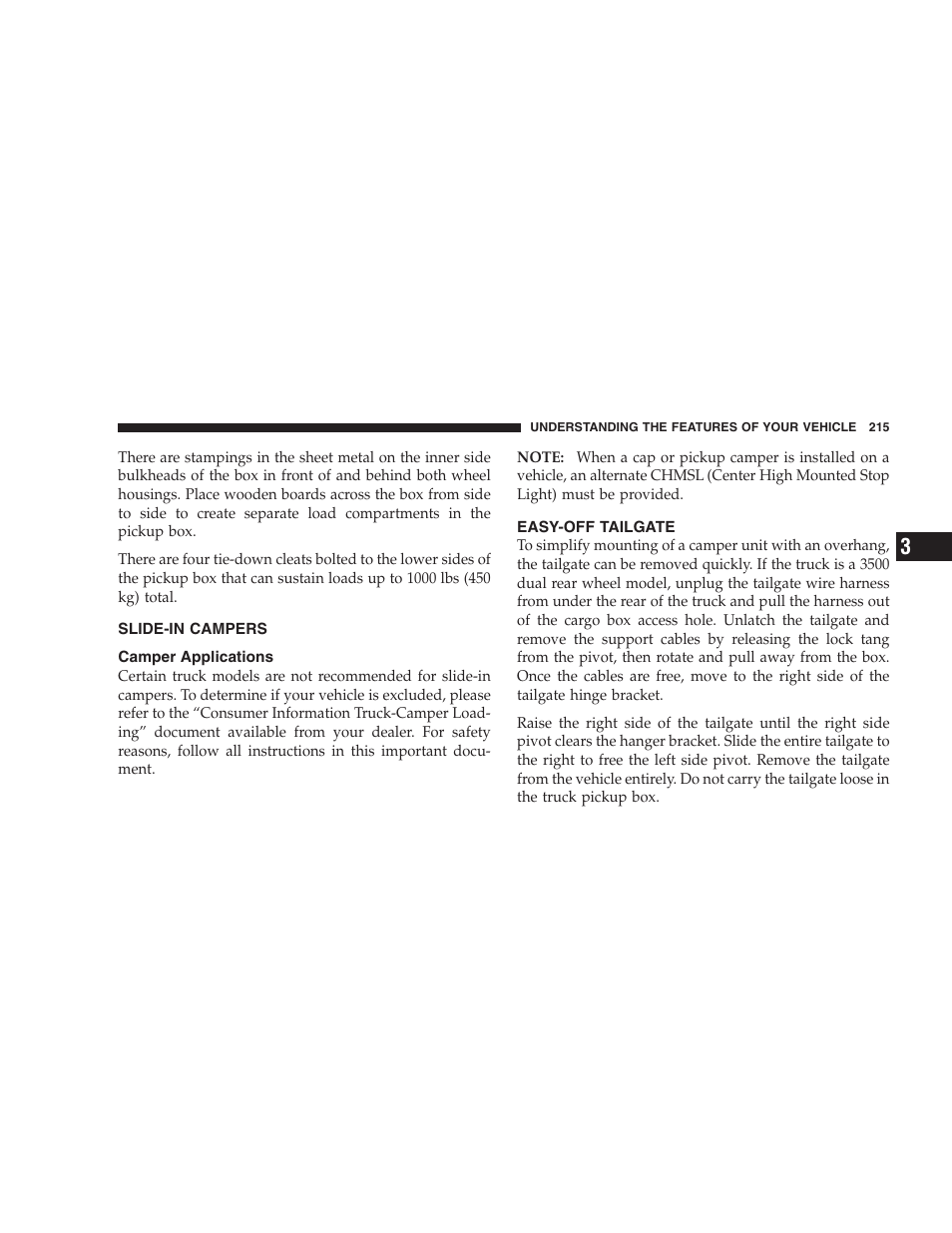 Slide-in campers, Camper applications, Easy-off tailgate | Dodge 2007  Ram Pickup 3500 User Manual | Page 215 / 568