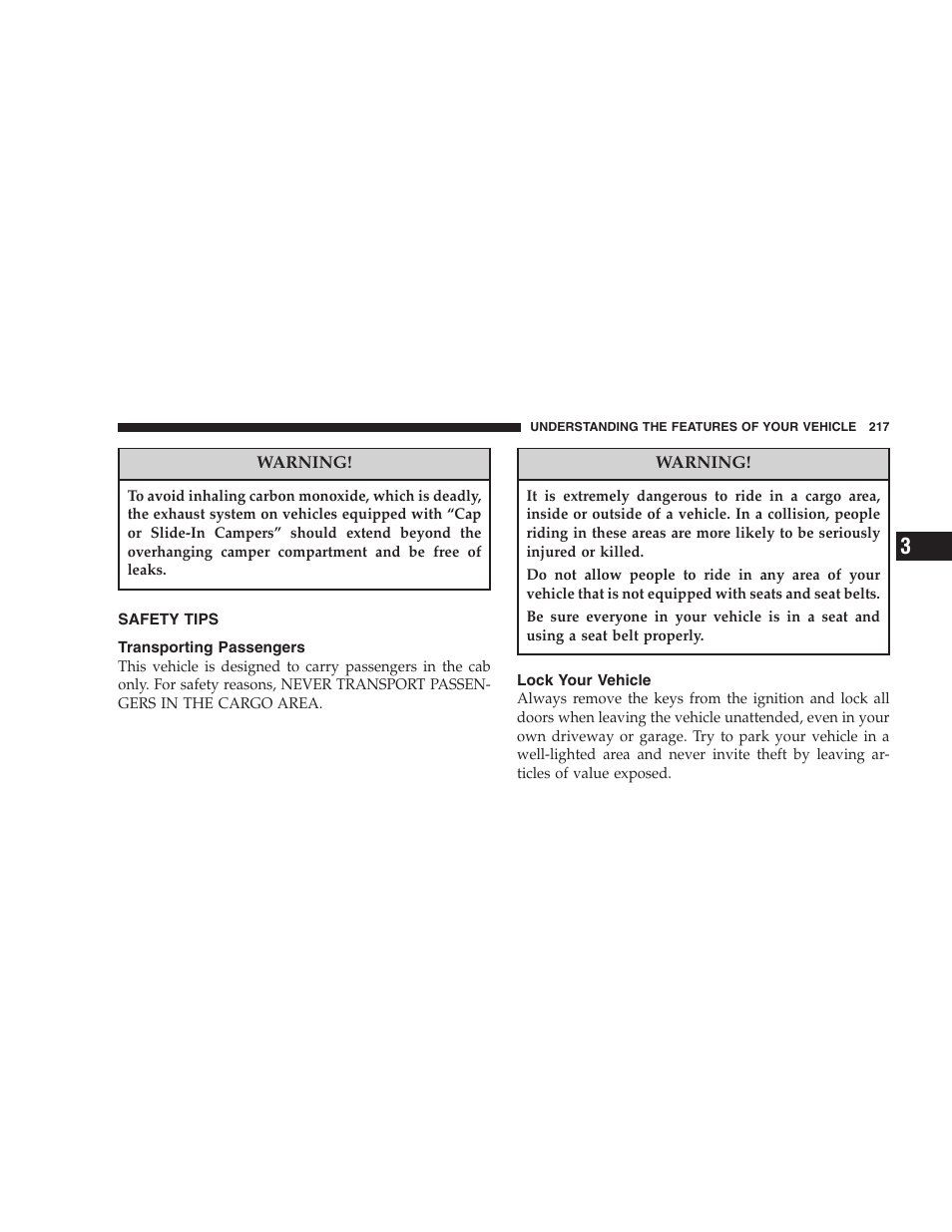 Safety tips, Transporting passengers, Lock your vehicle | Dodge 2007  Ram Pickup 3500 User Manual | Page 217 / 568