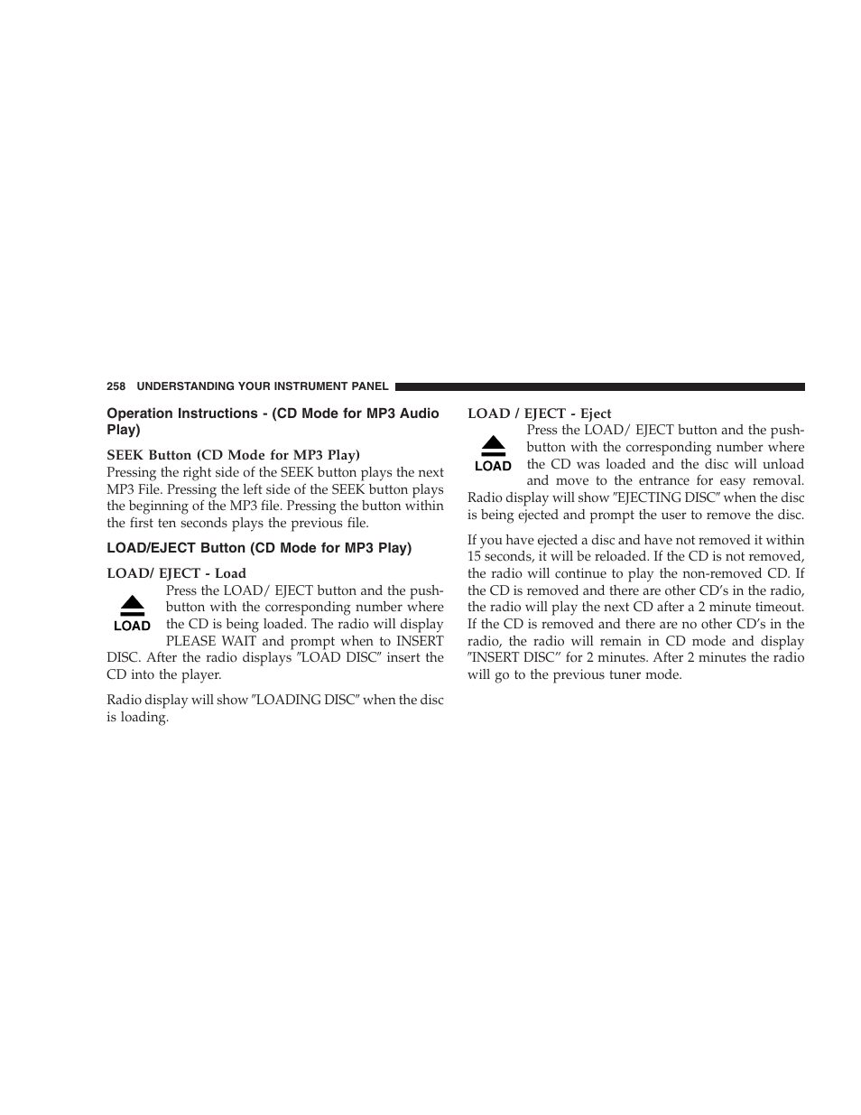 Operation instructions, Cd mode for mp3 audio play), Load/eject button (cd mode for mp3 play) | Dodge 2007  Ram Pickup 3500 User Manual | Page 258 / 568