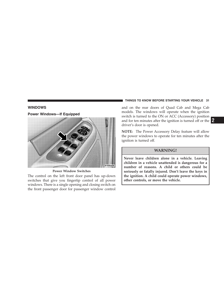 Windows, Power windows—if equipped | Dodge 2007  Ram Pickup 3500 User Manual | Page 31 / 568