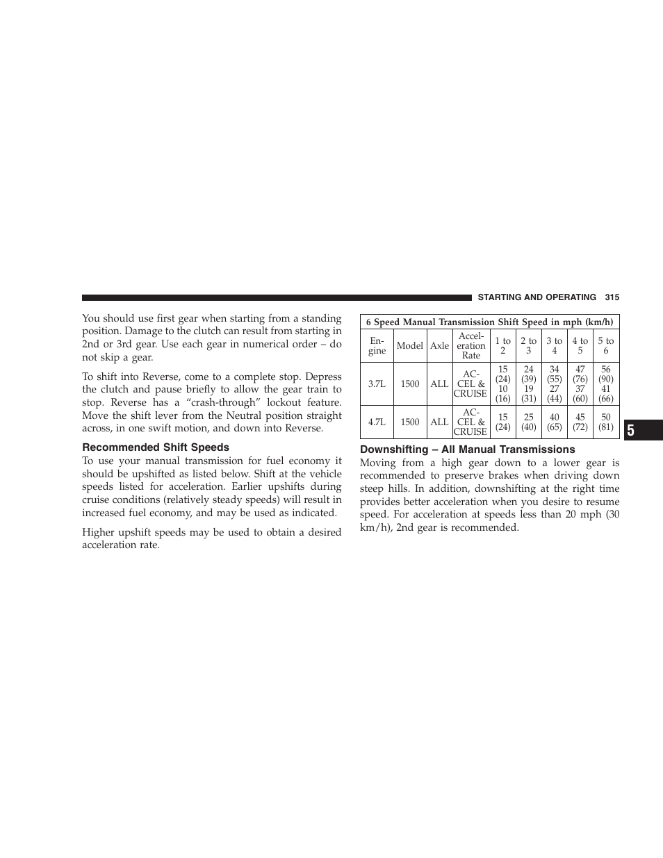 Recommended shift speeds, Downshifting – all manual transmissions | Dodge 2007  Ram Pickup 3500 User Manual | Page 315 / 568