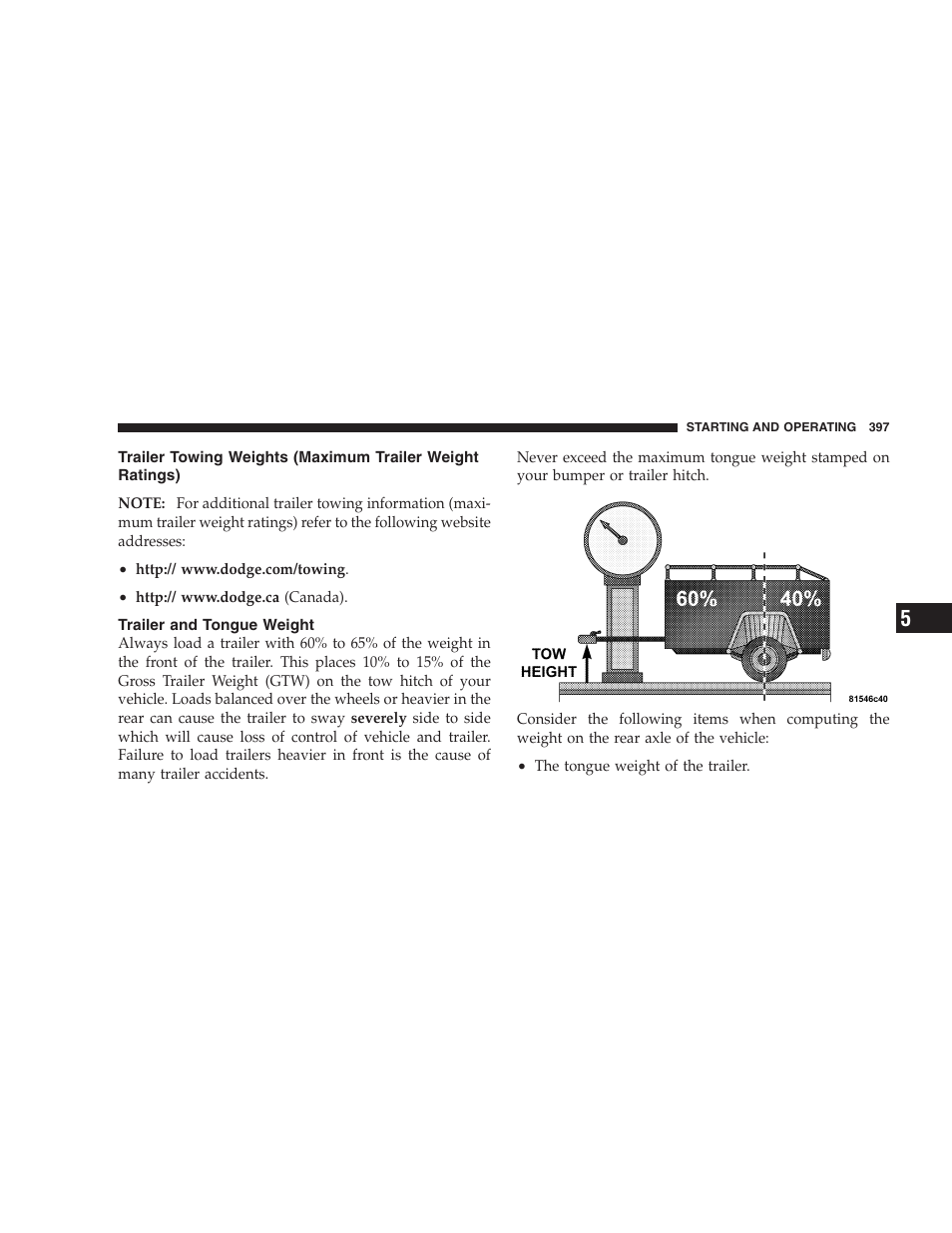 Trailer towing weights, Maximum trailer weight ratings), Trailer and tongue weight | Dodge 2007  Ram Pickup 3500 User Manual | Page 397 / 568