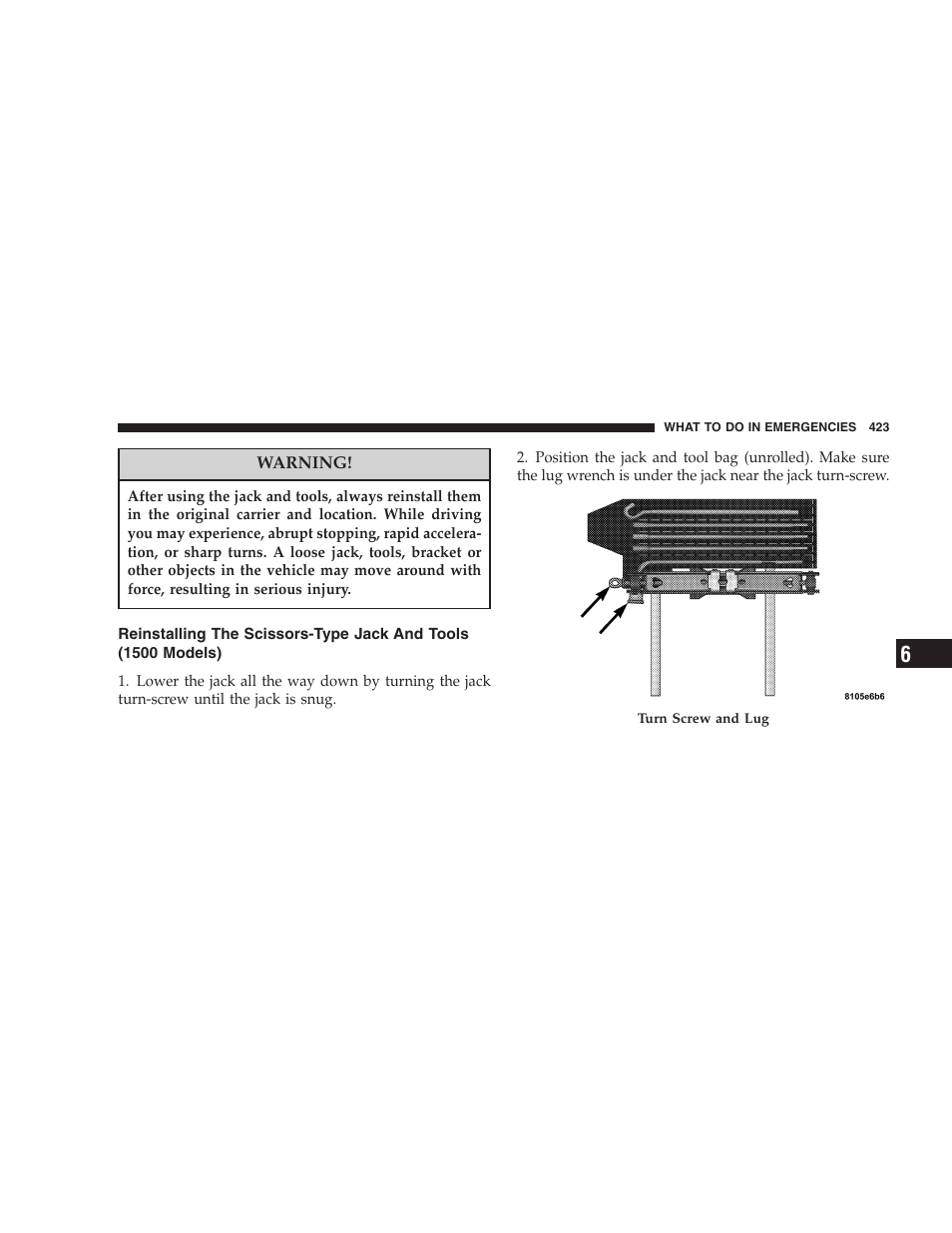 Reinstalling the scissors-type jack and tools, 1500 models) | Dodge 2007  Ram Pickup 3500 User Manual | Page 423 / 568