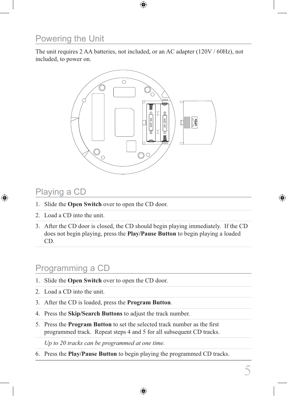 Powering the unit, Playing a cd, Programming a cd | Curtis SCD300DG User Manual | Page 5 / 8