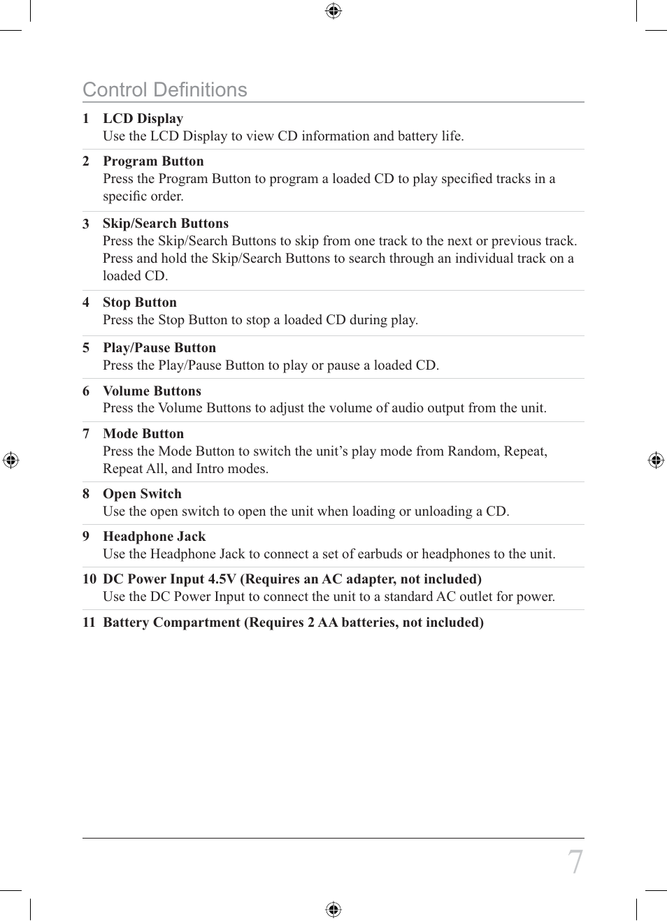 Control definitions | Curtis SCD300DG User Manual | Page 7 / 8