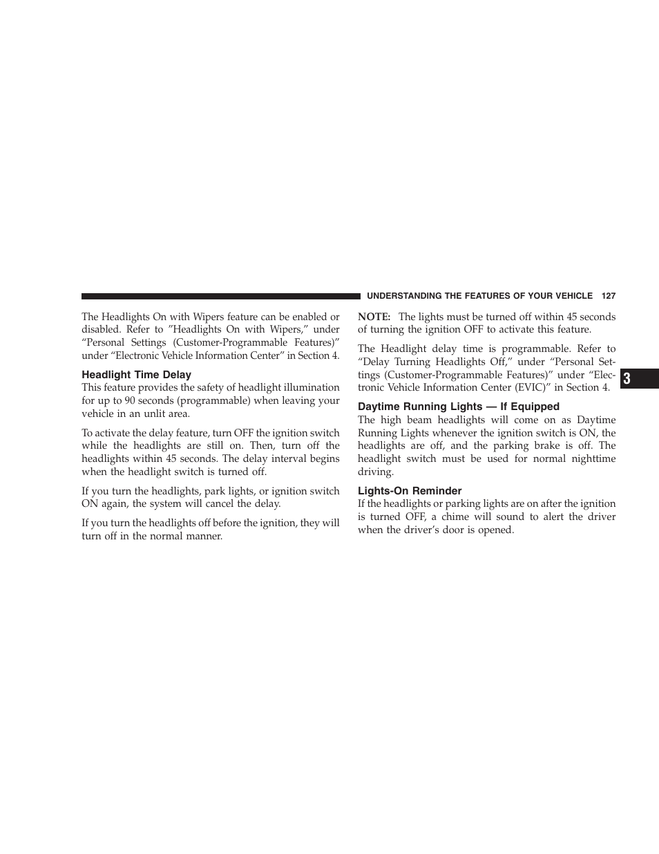 Headlight time delay, Daytime running lights - if equipped, Lights-on reminder | Daytime running lights — if equipped | Dodge 2009 DX-48 Charger SRT8 User Manual | Page 129 / 443