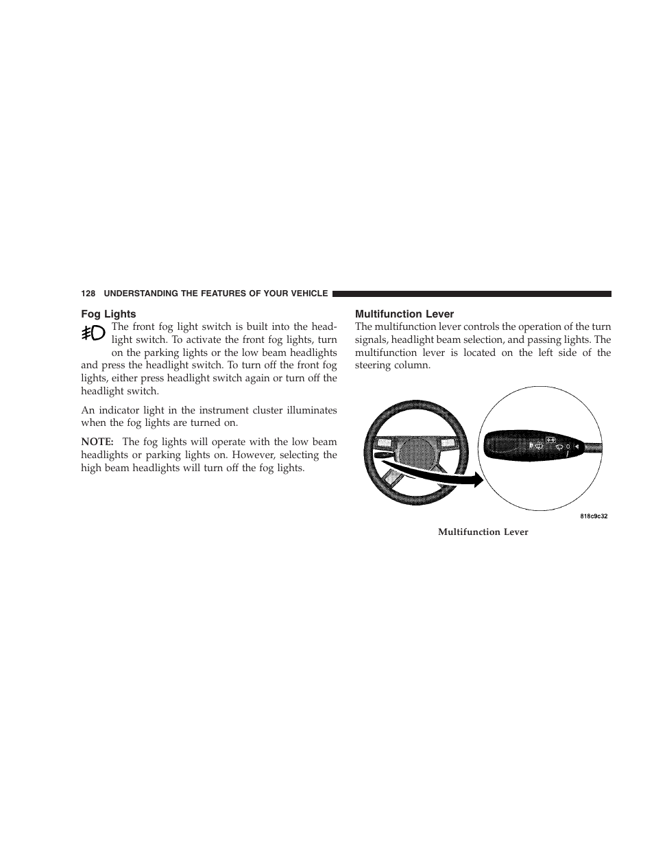 Fog lights, Multifunction lever | Dodge 2009 DX-48 Charger SRT8 User Manual | Page 130 / 443