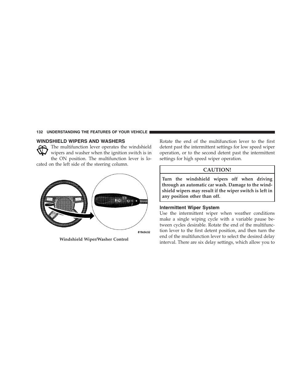 Windshield wipers and washers, Intermittent wiper system | Dodge 2009 DX-48 Charger SRT8 User Manual | Page 134 / 443