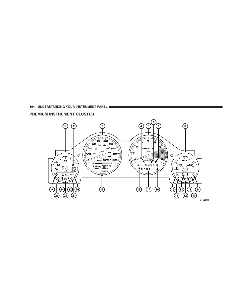 Premium instrument cluster | Dodge 2009 DX-48 Charger SRT8 User Manual | Page 166 / 443