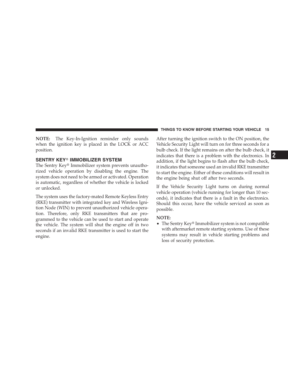 Sentry key immobilizer system, Sentry key௡ immobilizer system | Dodge 2009 DX-48 Charger SRT8 User Manual | Page 17 / 443