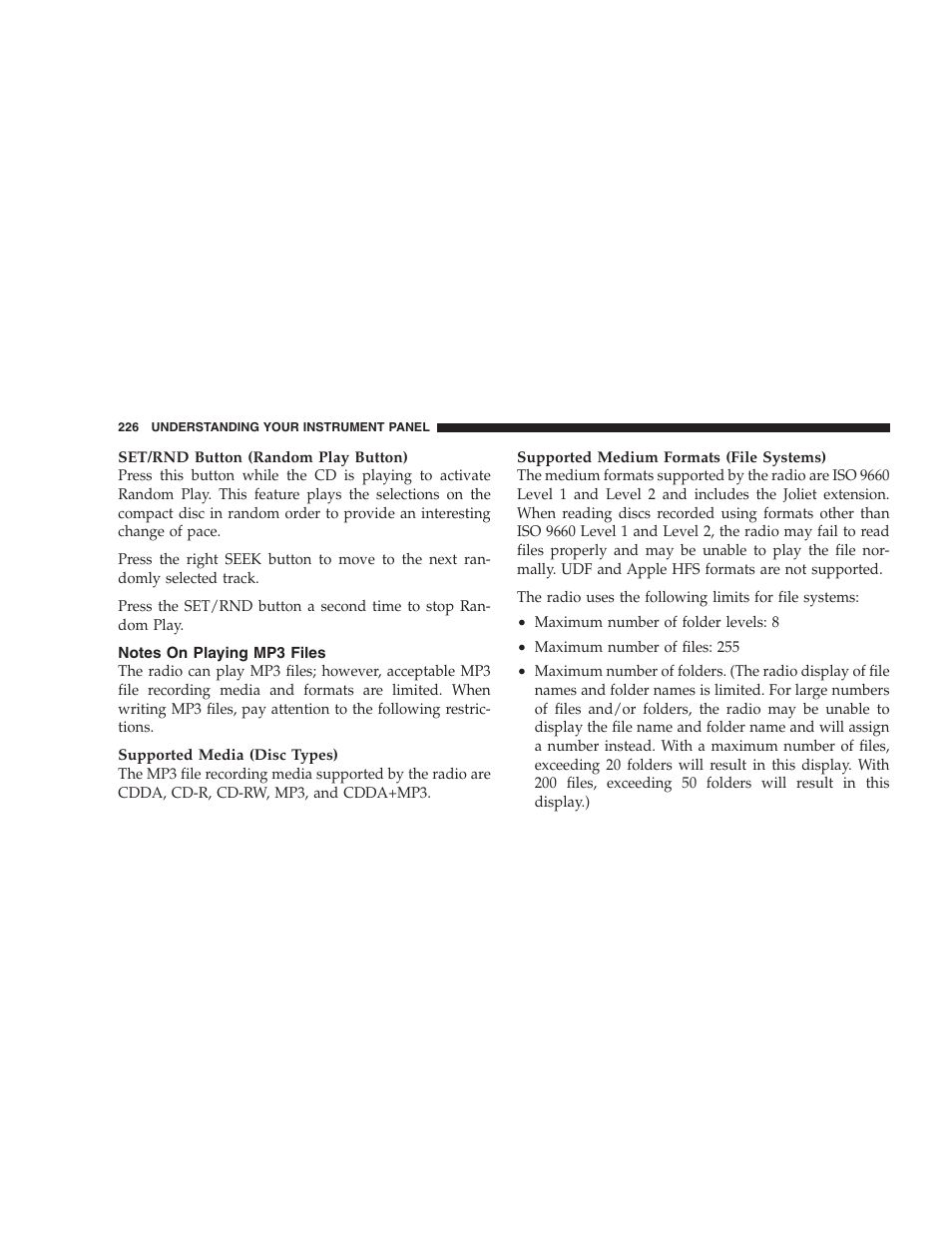 Notes on playing mp3 files | Dodge 2009 DX-48 Charger SRT8 User Manual | Page 228 / 443