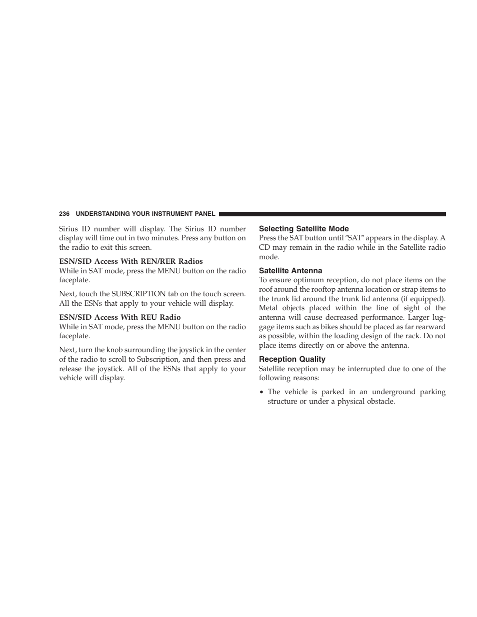 Selecting satellite mode, Satellite antenna, Reception quality | Dodge 2009 DX-48 Charger SRT8 User Manual | Page 238 / 443