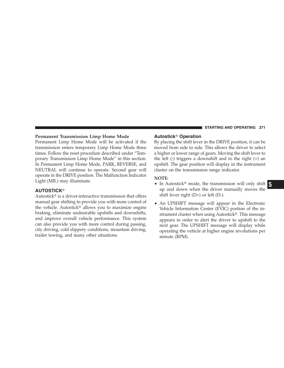 Autostick, Autostick operation, Autostick௡ operation | Dodge 2009 DX-48 Charger SRT8 User Manual | Page 273 / 443