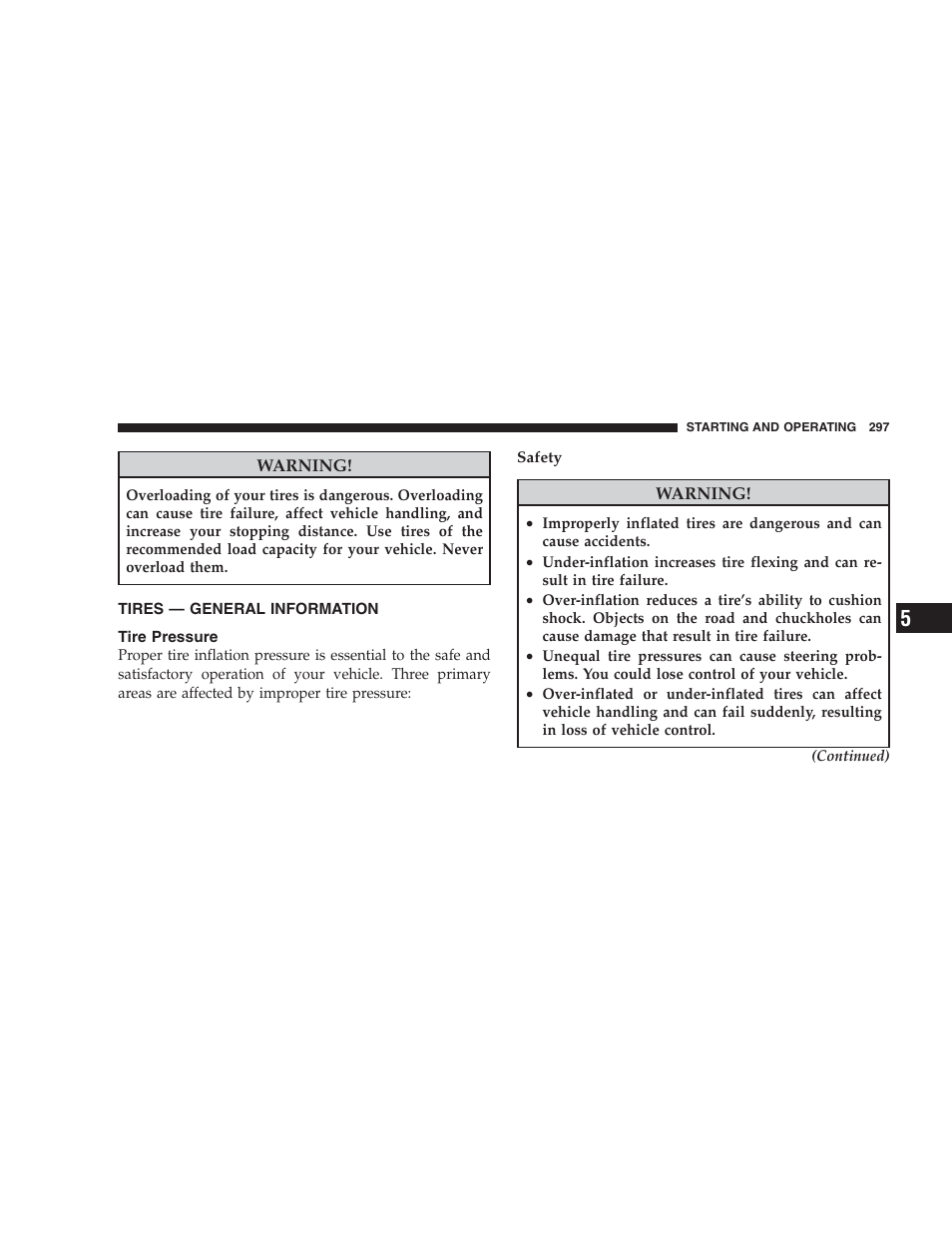 Tires - general information, Tire pressure, Tires — general information | Dodge 2009 DX-48 Charger SRT8 User Manual | Page 299 / 443