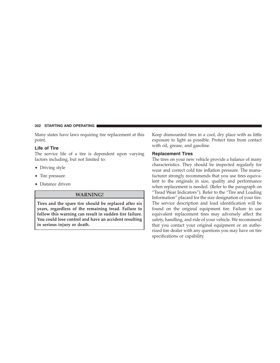 Life of tire, Replacement tires | Dodge 2009 DX-48 Charger SRT8 User Manual | Page 304 / 443