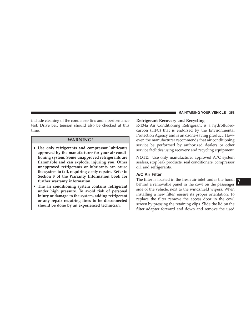 A/c air filter | Dodge 2009 DX-48 Charger SRT8 User Manual | Page 355 / 443