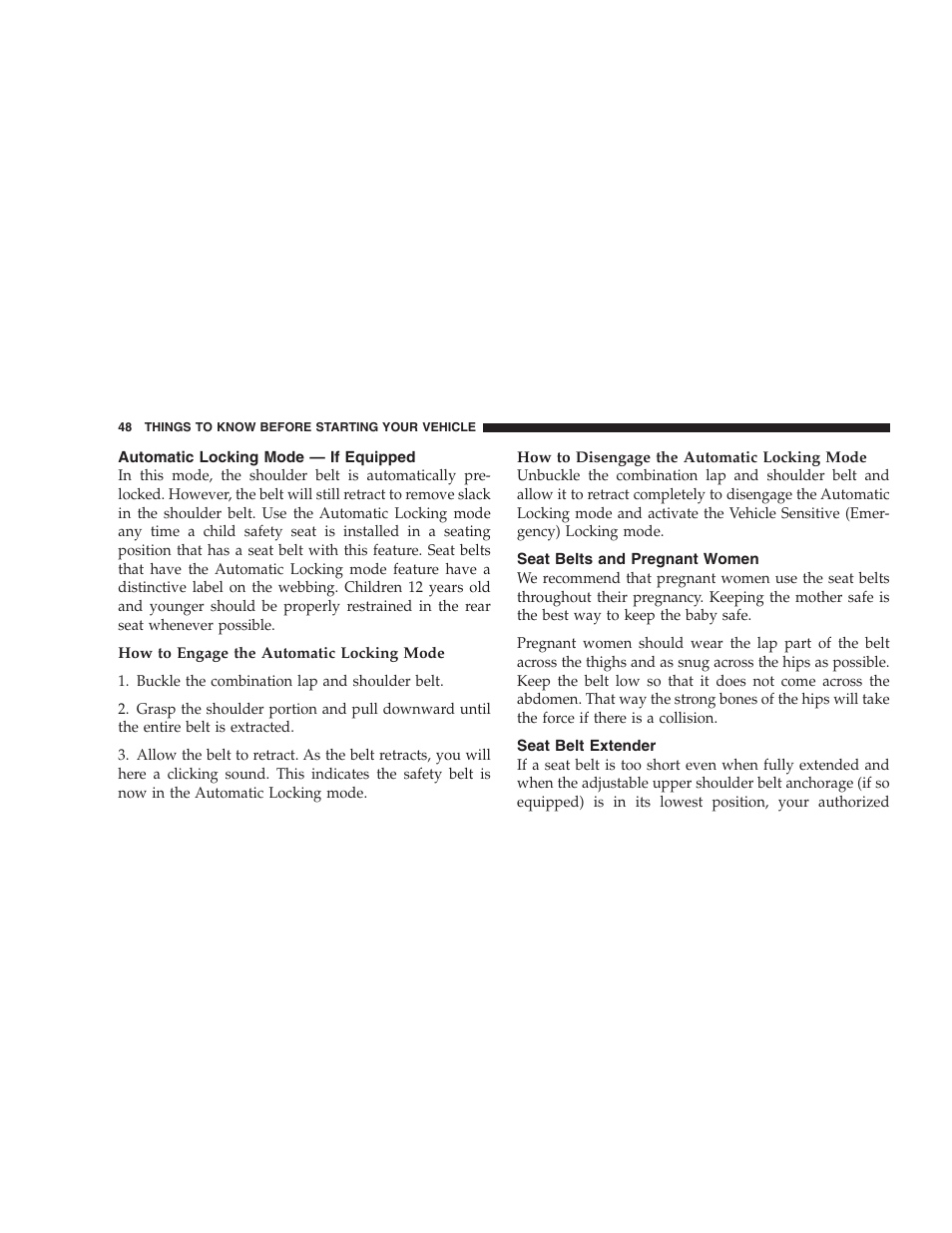 Automatic locking mode - if equipped, Seat belts and pregnant women, Seat belt extender | Automatic locking mode — if equipped | Dodge 2009 DX-48 Charger SRT8 User Manual | Page 50 / 443