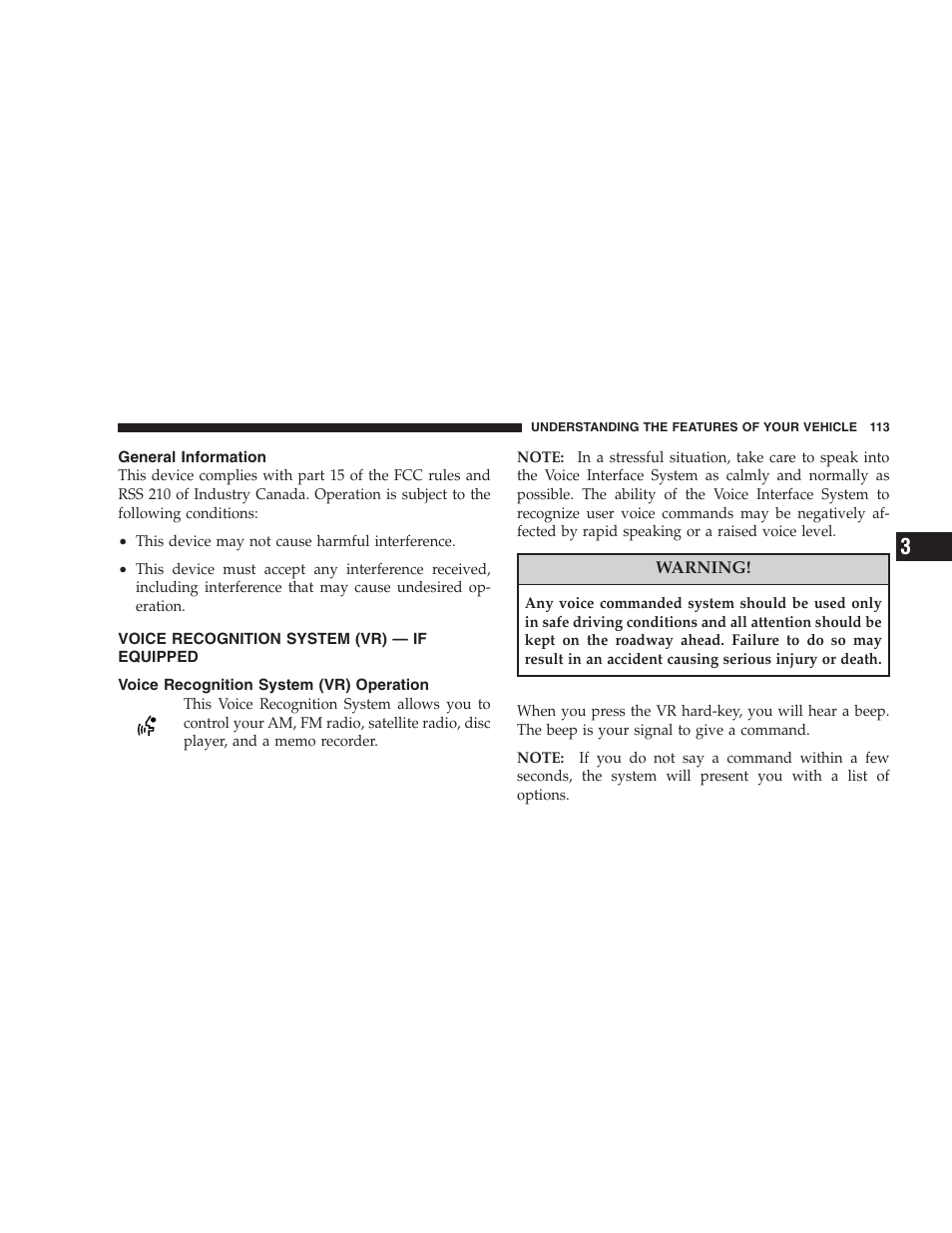 General information, Voice recognition system (vr) - if equipped, Voice recognition system (vr) operation | Dodge 2008 DX-49 Magnum SRT8 User Manual | Page 115 / 476