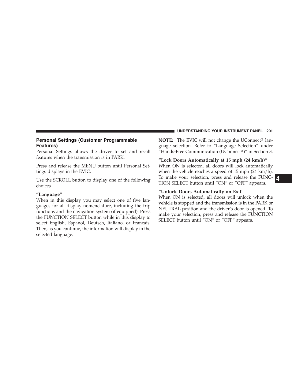 Personal settings (customer programmable features) | Dodge 2008 DX-49 Magnum SRT8 User Manual | Page 203 / 476