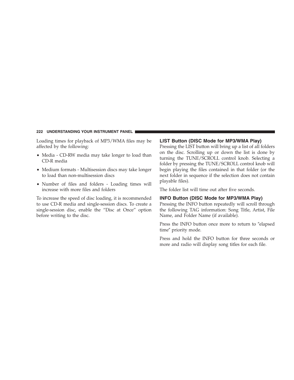 List button (disc mode for mp3/wma play), Info button (disc mode for mp3/wma play) | Dodge 2008 DX-49 Magnum SRT8 User Manual | Page 224 / 476