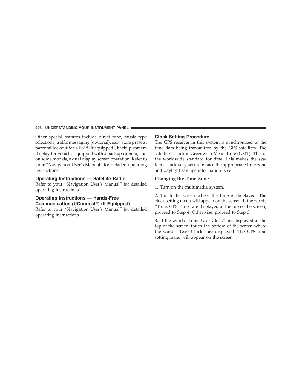 Operating instructions - satellite radio, Clock setting procedure | Dodge 2008 DX-49 Magnum SRT8 User Manual | Page 228 / 476