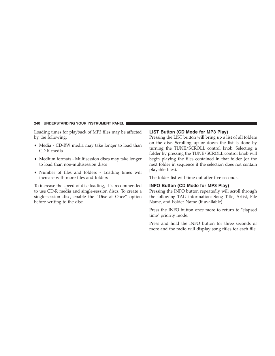 List button (cd mode for mp3 play), Info button (cd mode for mp3 play) | Dodge 2008 DX-49 Magnum SRT8 User Manual | Page 242 / 476