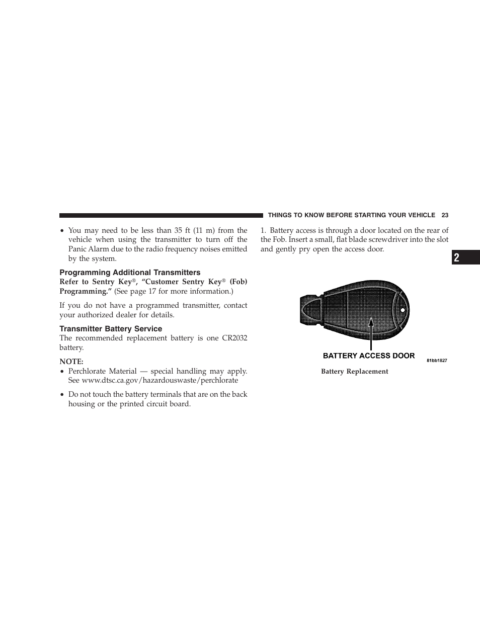 Programming additional transmitters, Transmitter battery service | Dodge 2008 DX-49 Magnum SRT8 User Manual | Page 25 / 476