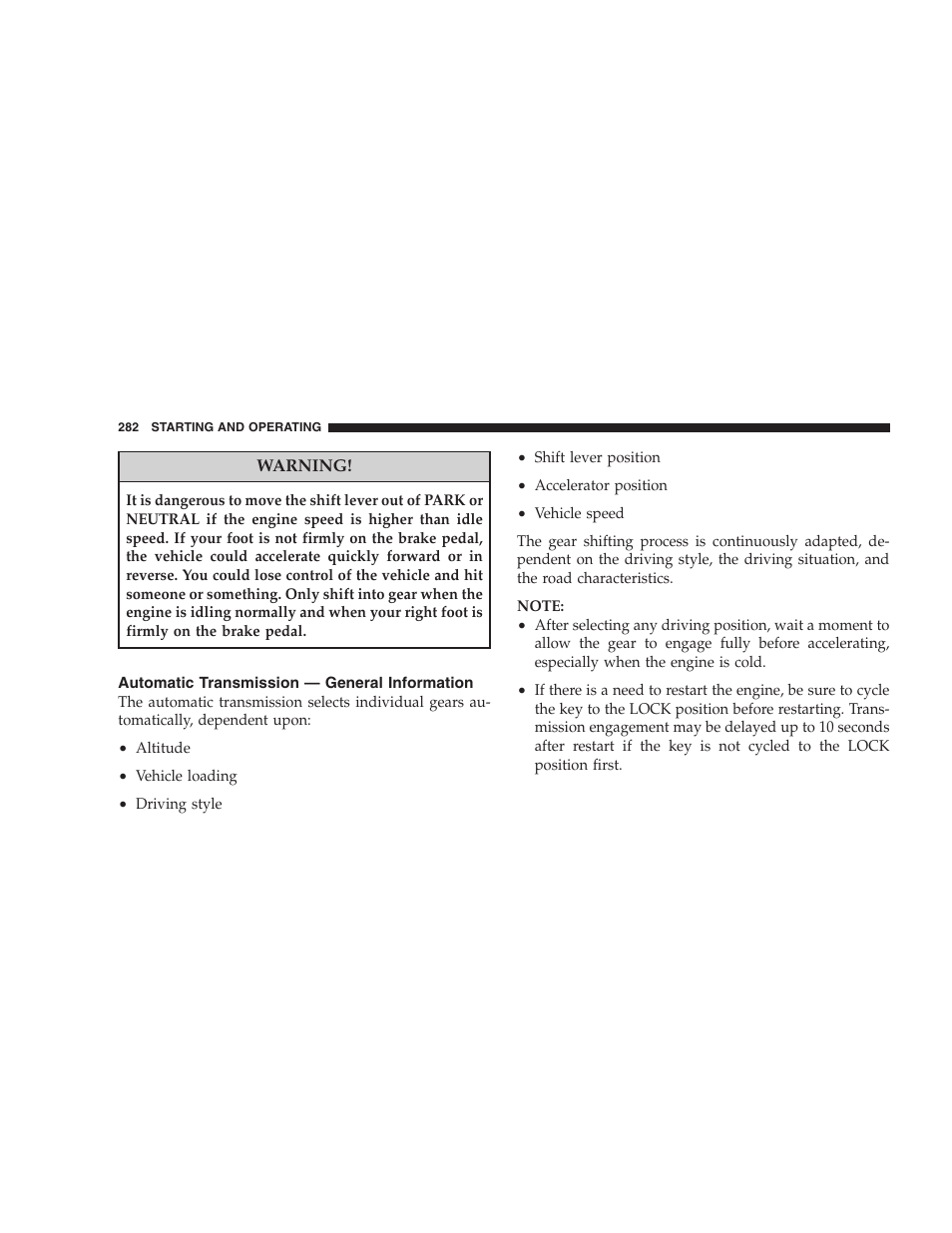 Automatic transmission - general information, If engine fails to start | Dodge 2008 DX-49 Magnum SRT8 User Manual | Page 284 / 476