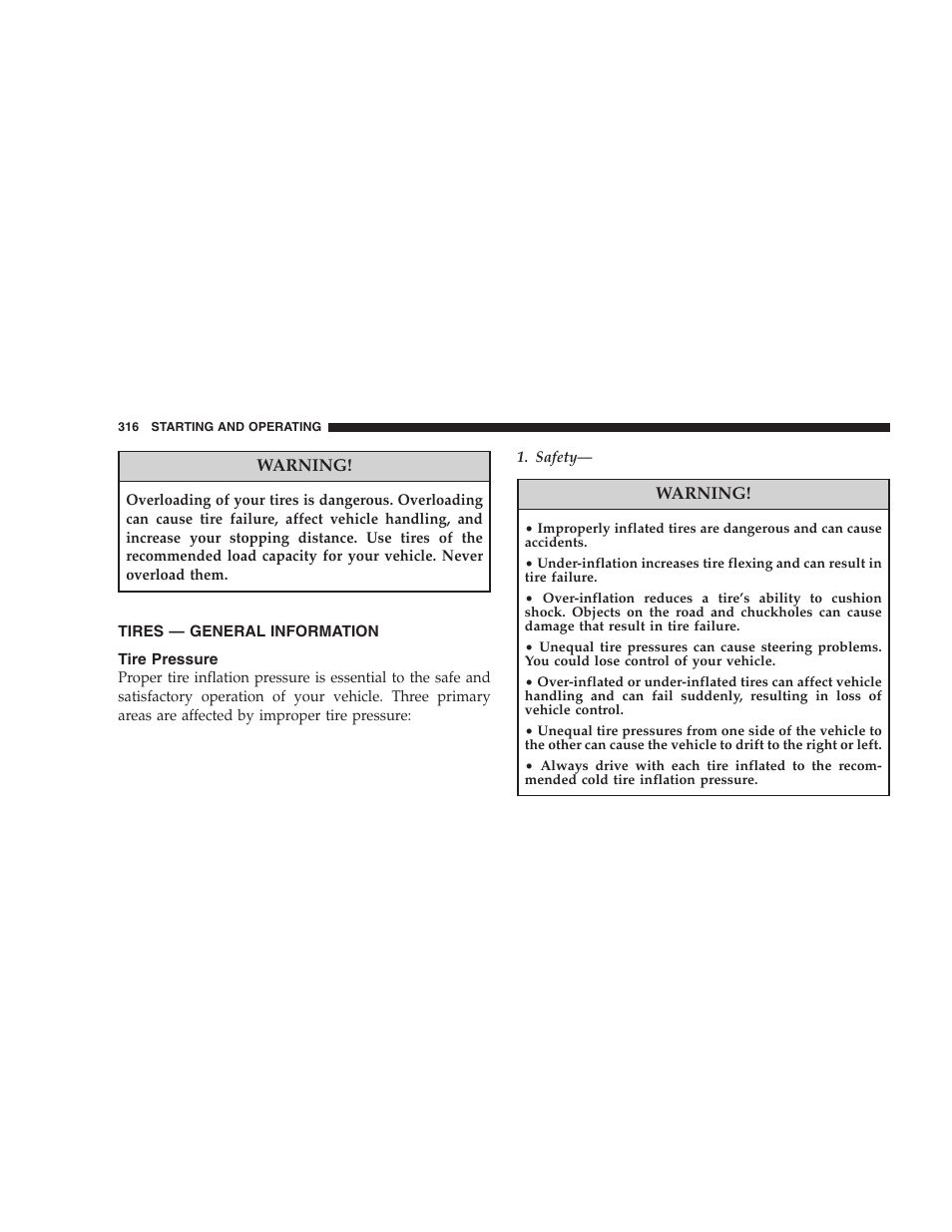 Tires - general information, Tire pressure | Dodge 2008 DX-49 Magnum SRT8 User Manual | Page 318 / 476