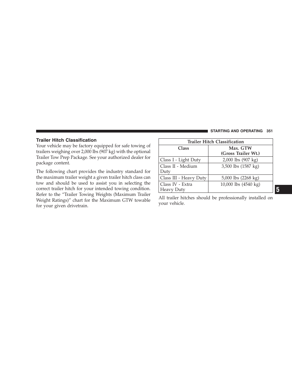 Trailer hitch classification | Dodge 2008 DX-49 Magnum SRT8 User Manual | Page 353 / 476
