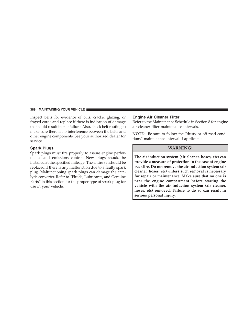 Spark plugs, Engine air cleaner filter, Emissions inspection and maintenance | Programs, Replacement parts, Authorized dealer service | Dodge 2008 DX-49 Magnum SRT8 User Manual | Page 390 / 476