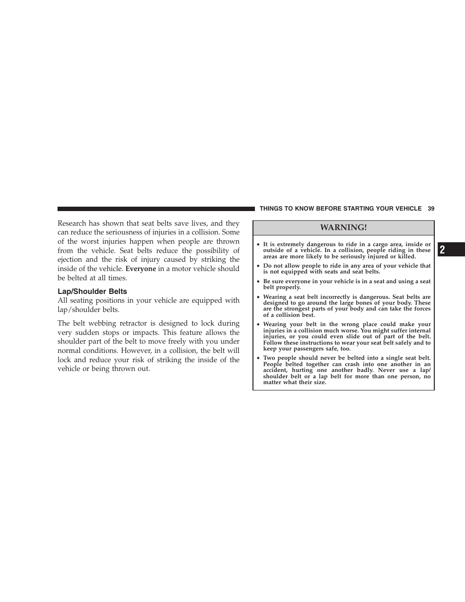Lap/shoulder belts, Warning | Dodge 2008 DX-49 Magnum SRT8 User Manual | Page 41 / 476