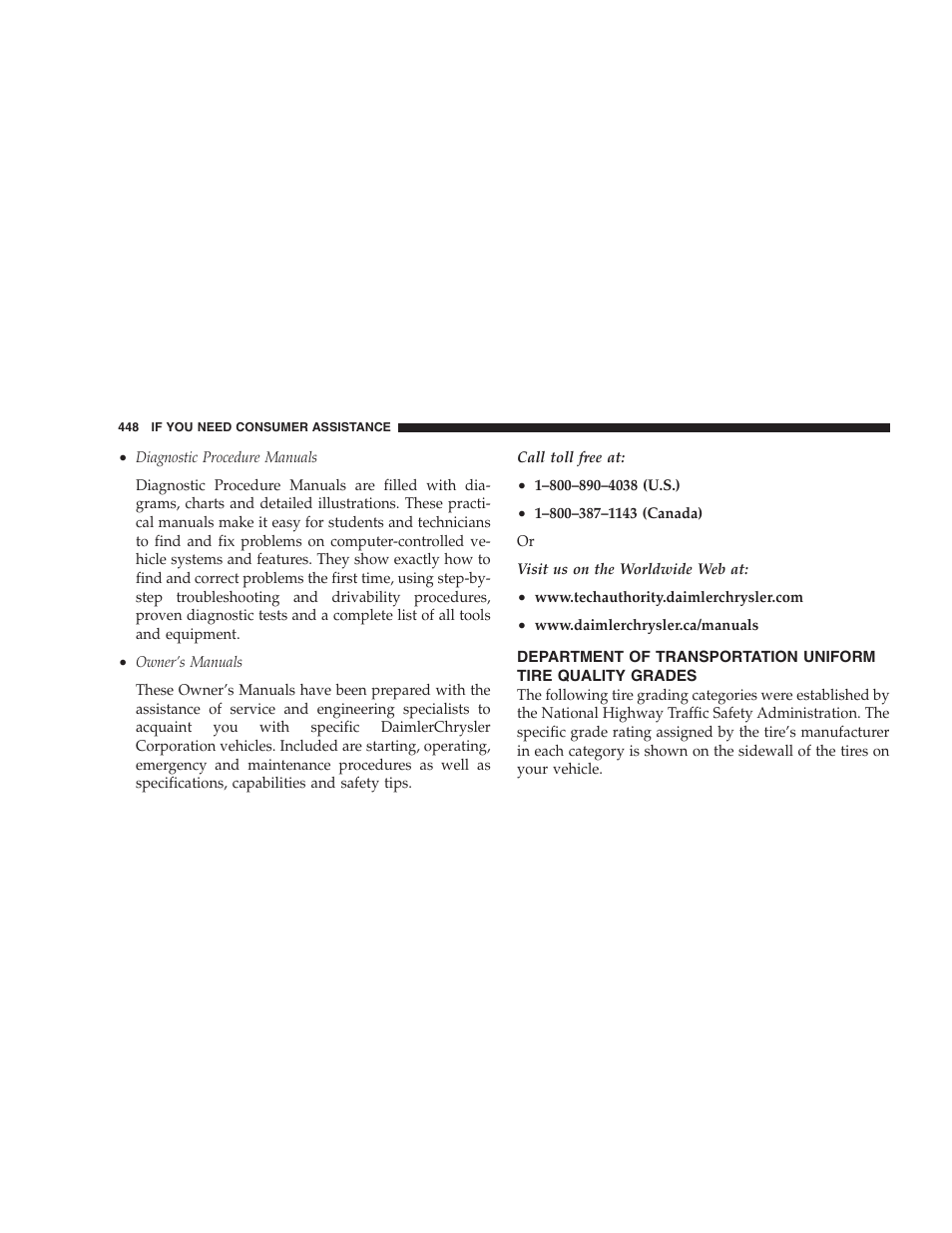 Daimlerchrysler motors corporation customer, Center, Daimlerchrysler canada inc | Customer center, In mexico contact | Dodge 2008 DX-49 Magnum SRT8 User Manual | Page 450 / 476