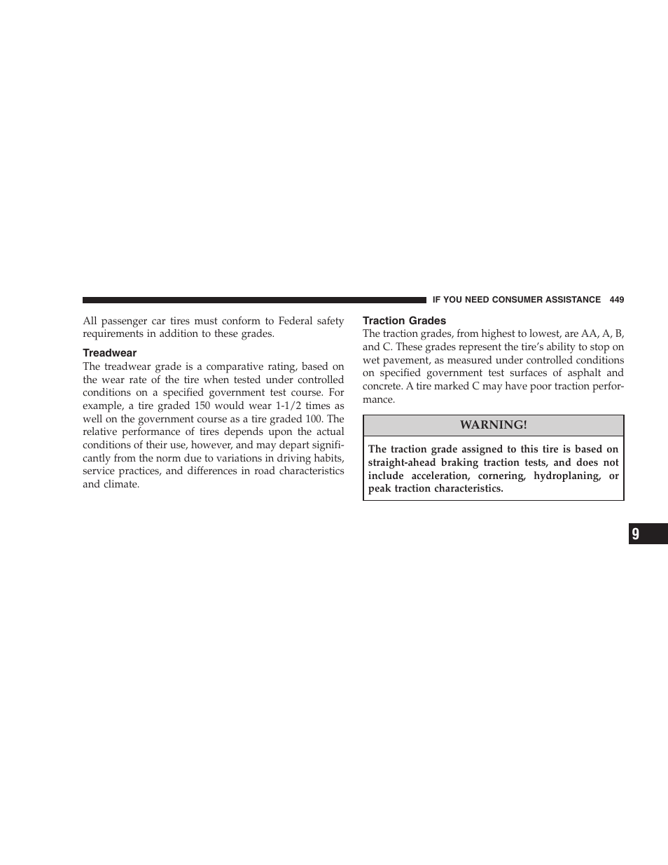 Treadwear, Traction grades, Customer assistance for the hearing or speech | Impaired (tdd/tty), Service contract | Dodge 2008 DX-49 Magnum SRT8 User Manual | Page 451 / 476