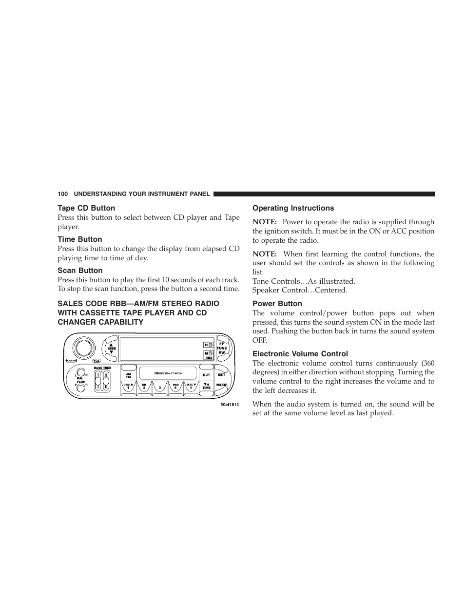 Tape cd button, Time button, Scan button | Operating instructions, Power button, Electronic volume control, Sales code rbb—am/fm stereo radio | Dodge 2004 Intrepid User Manual | Page 100 / 249