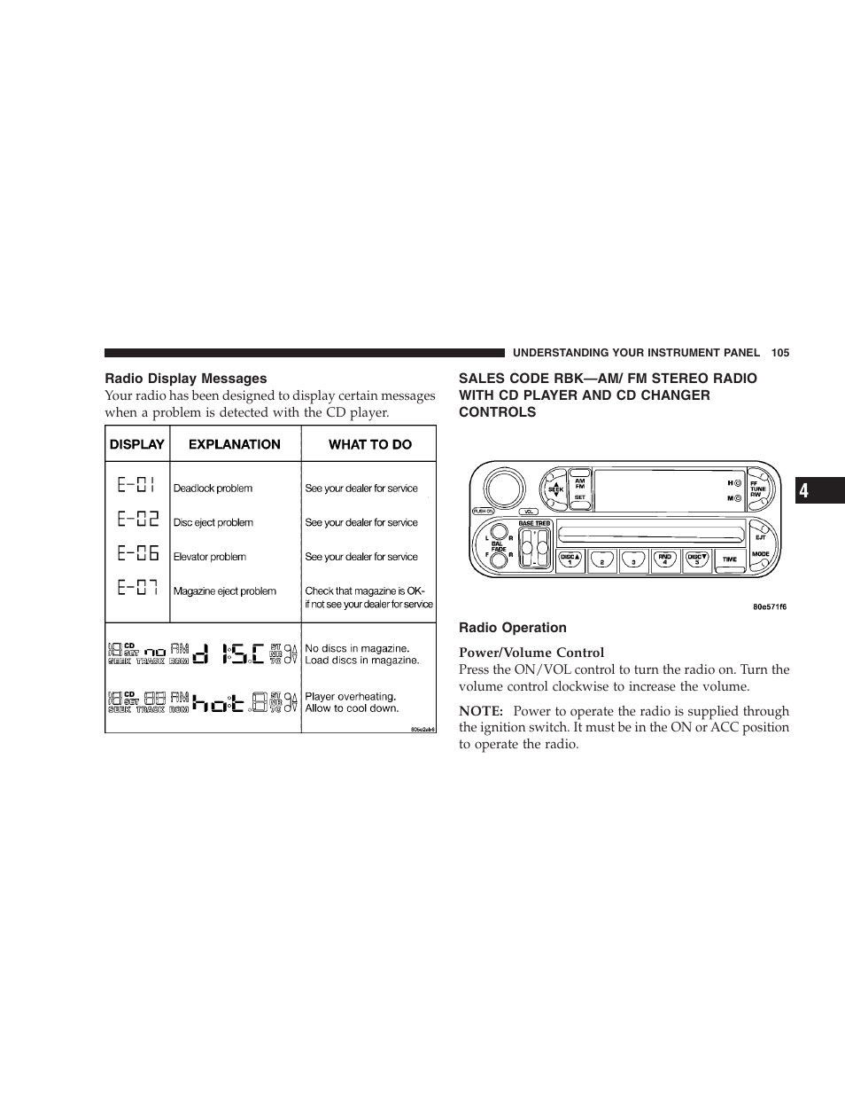 Radio display messages, Radio operation, Sales code rbk—am/ fm stereo radio | With cd player and cd changer controls | Dodge 2004 Intrepid User Manual | Page 105 / 249
